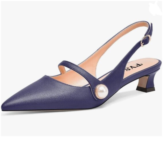 FYS Blue Low Heel Slingback Pearl Pointed Toe Pumps Buckle Slip On Dress Shoes - Picture 1 of 8